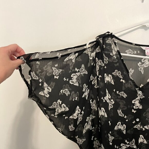 CANDIE'S Black White Butterfly Print Sheer Short Sleeve Cold Shoulder Y2K Blouse - Picture 4 of 10